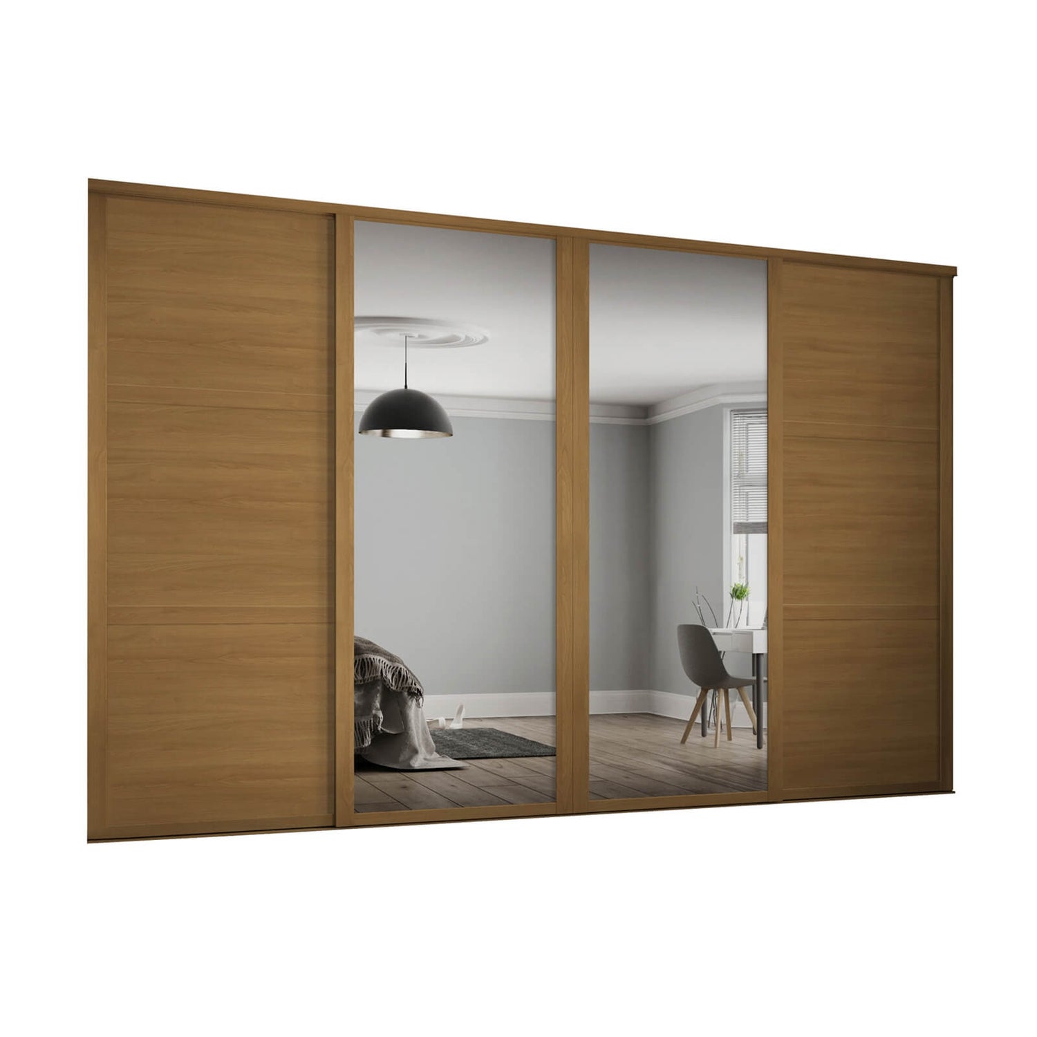 Shaker 4 Door Sliding Wardrobe Kit Oak Panel / Mirror with Oak Frame (W