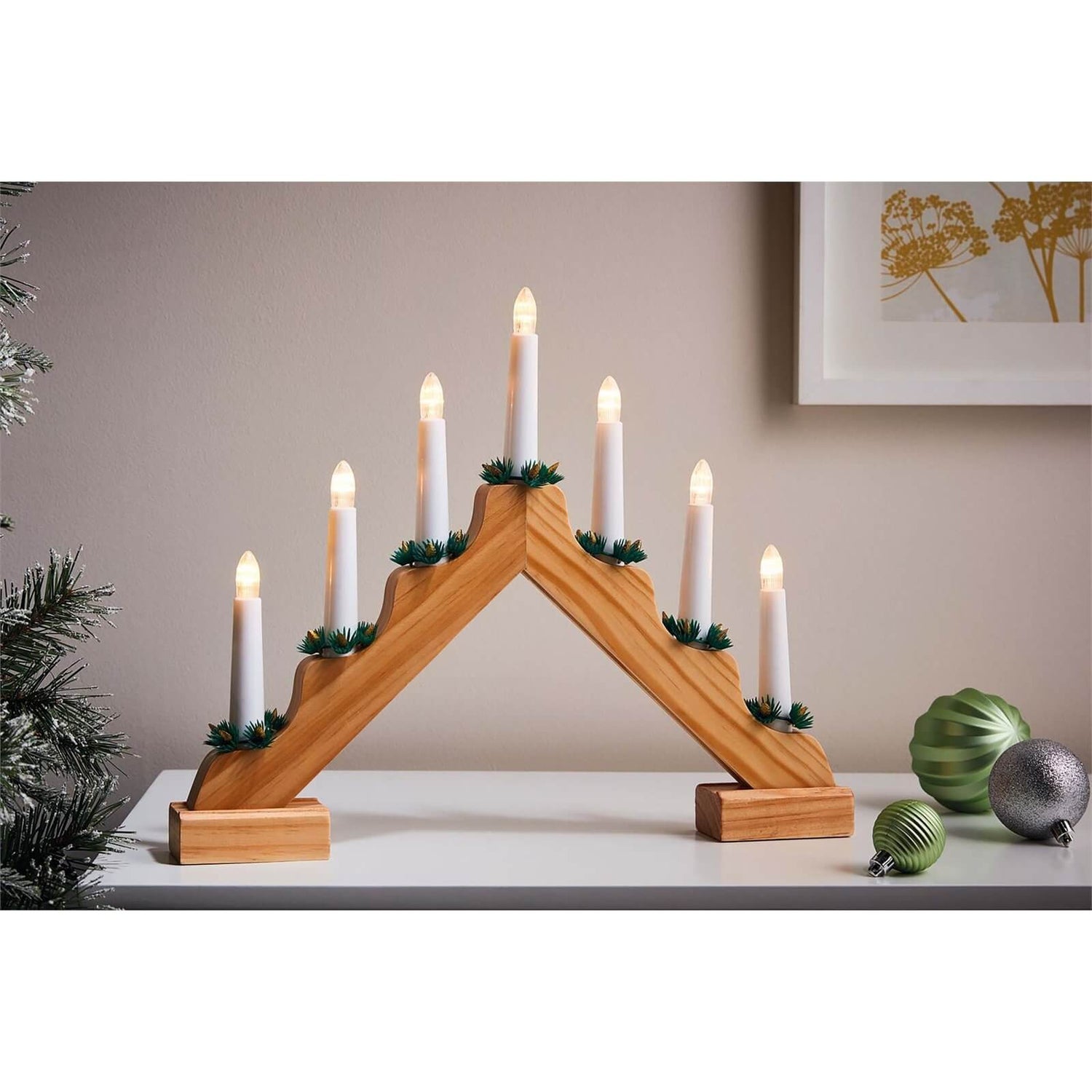 Wooden 7 LED Traditional Christmas Candle Bridge (Battery Operated