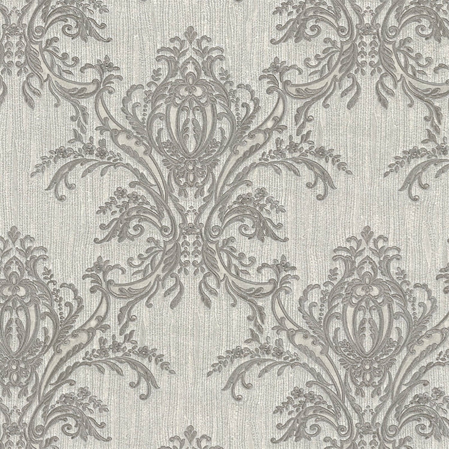 Belgravia Decor Sofia Damask Textured Vinyl Metallic Silver and Grey