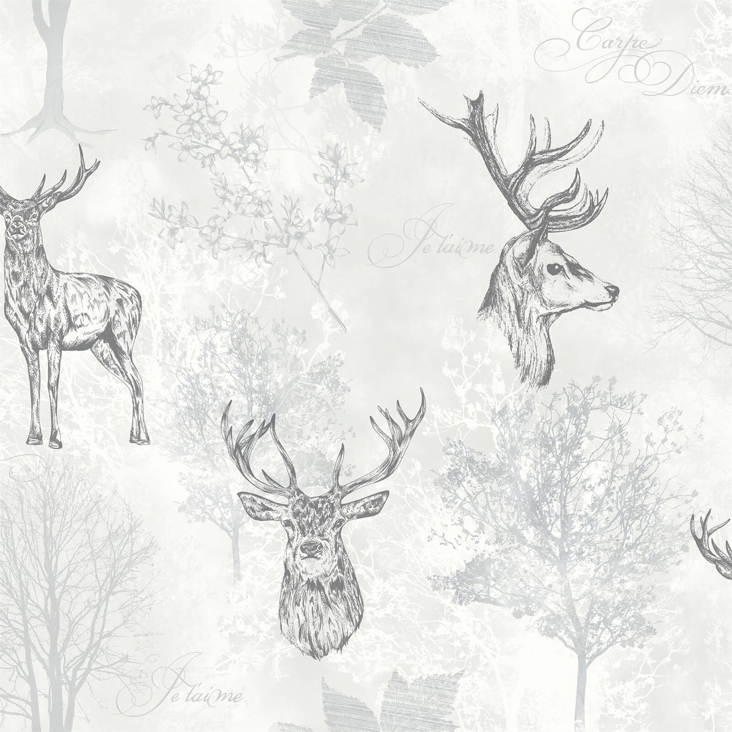 Arthouse Etched Stag Animal Textured Metallic Grey Wallpaper Homebase