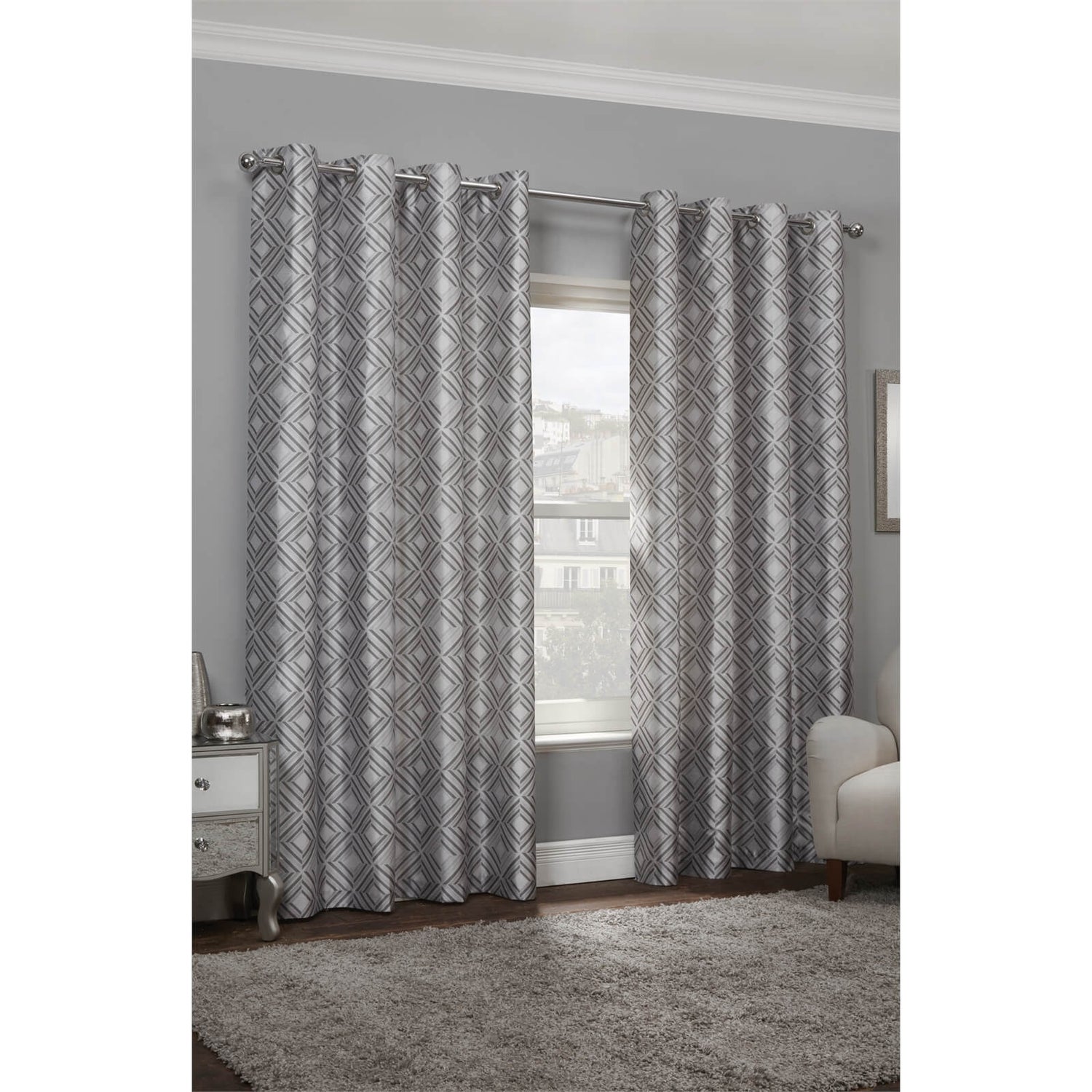 Faux Silk Geo Grey Lined Eyelet Curtains 117cm x 137cm Homebase
