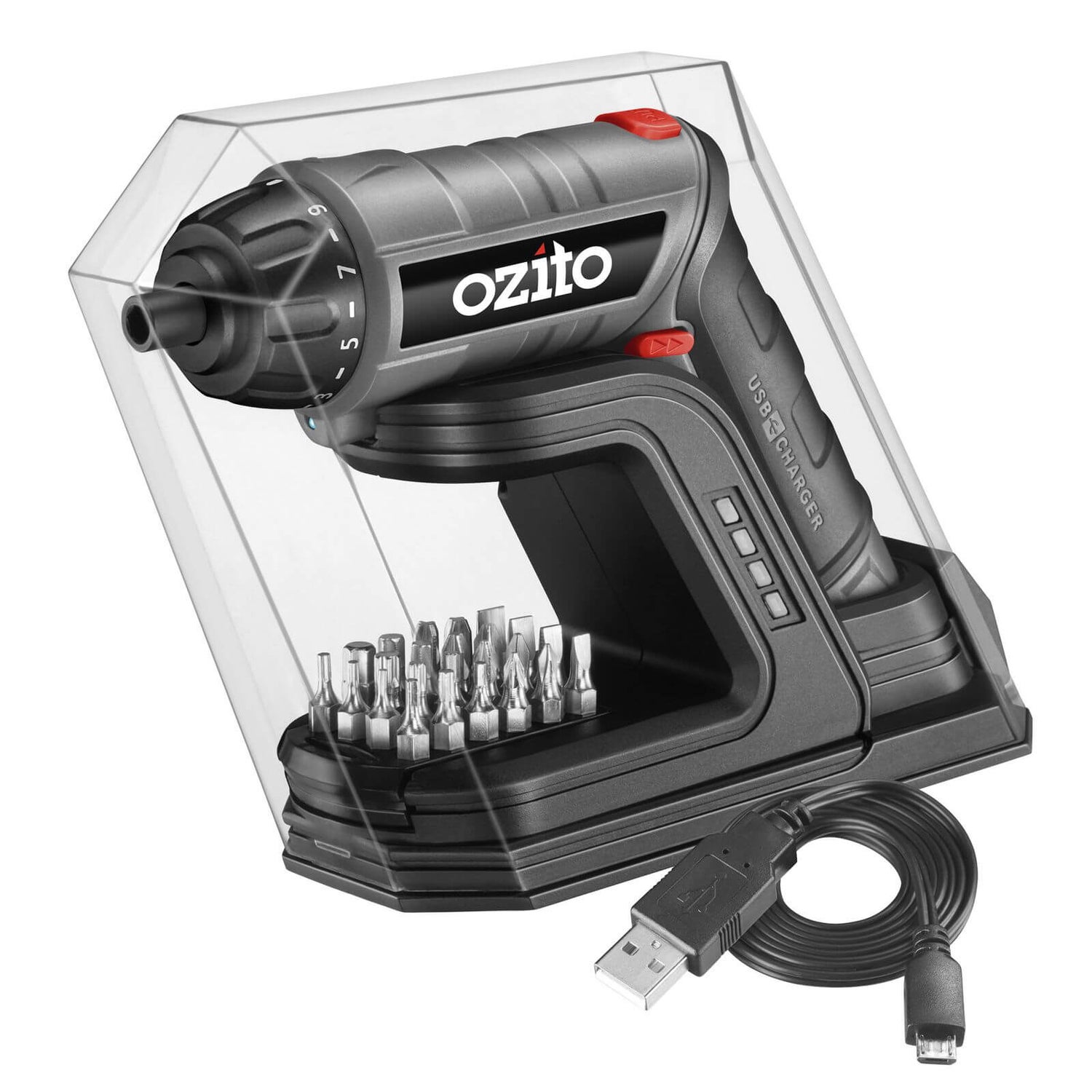 Ozito 3.6V Screwdriver Torch with Charging Base plus 24 Driver Bits Homebase