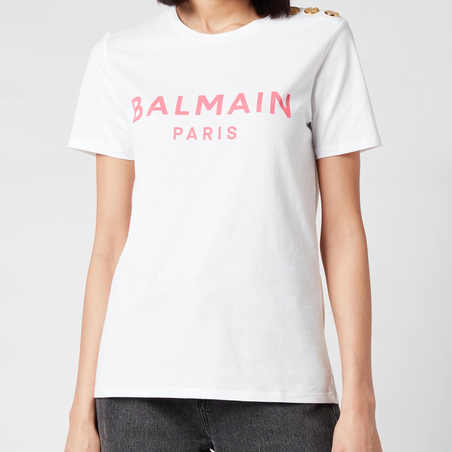 Balmain Women's 3 Button Printed Logo T-Shirt - Blanc/Rose - Free UK ...