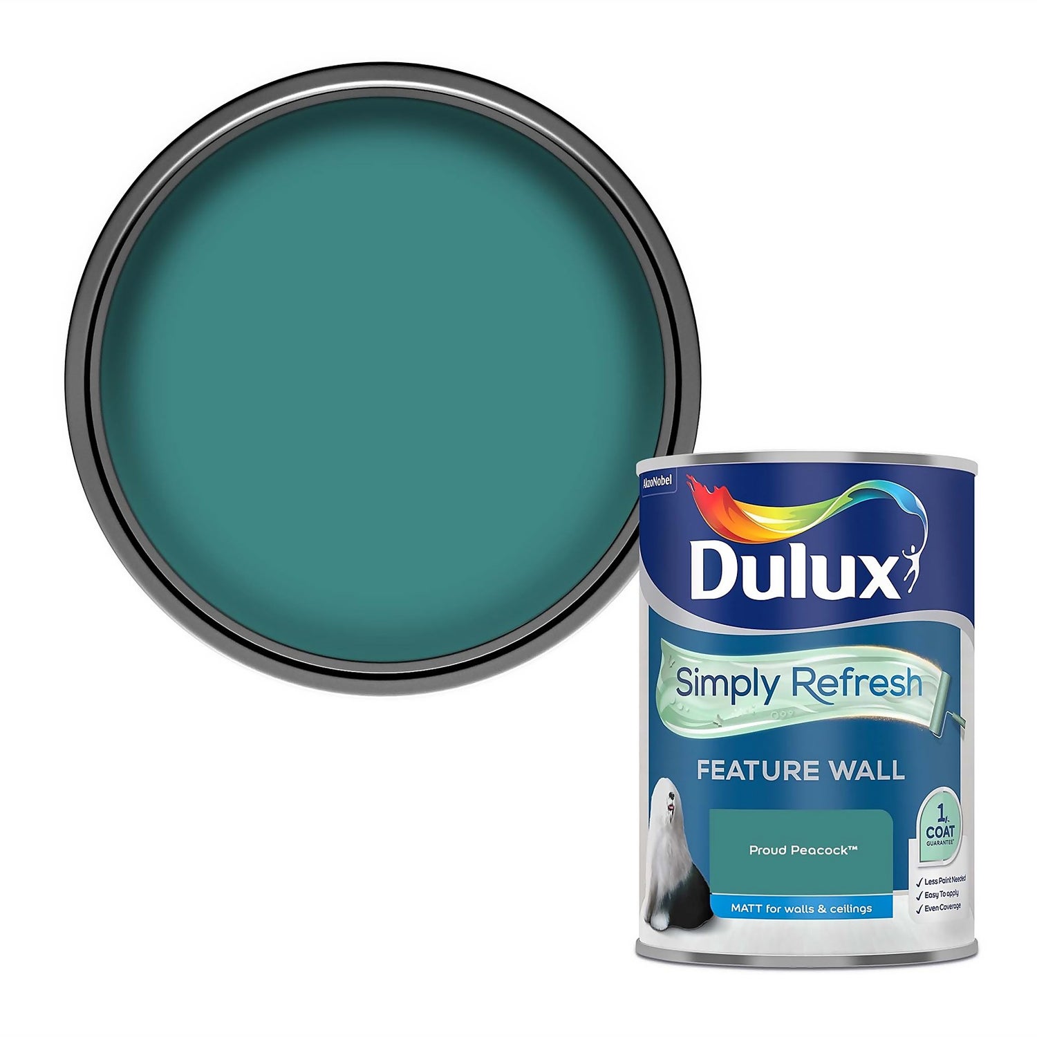 Dulux Simply Refresh Feature Wall One Coat Matt Emulsion Paint Proud Peacock 1.25L Homebase