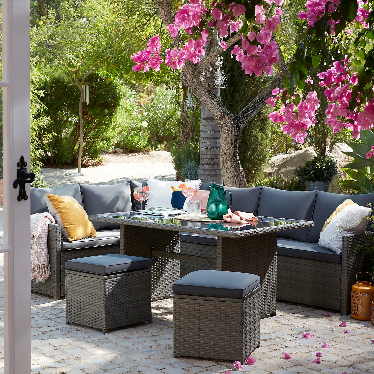 Matara Rattan Corner Sofa Dining Garden Furniture Set In Grey Cover