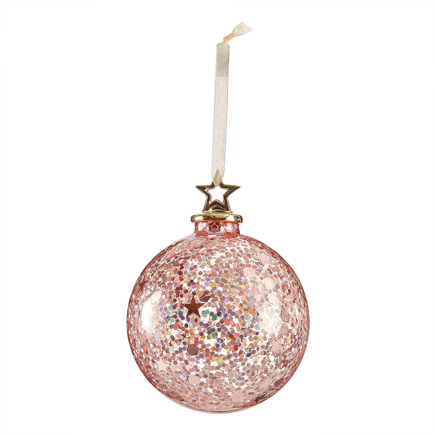 Pink Holographic Glitter Christmas Tree Bauble with Star Cap Homebase