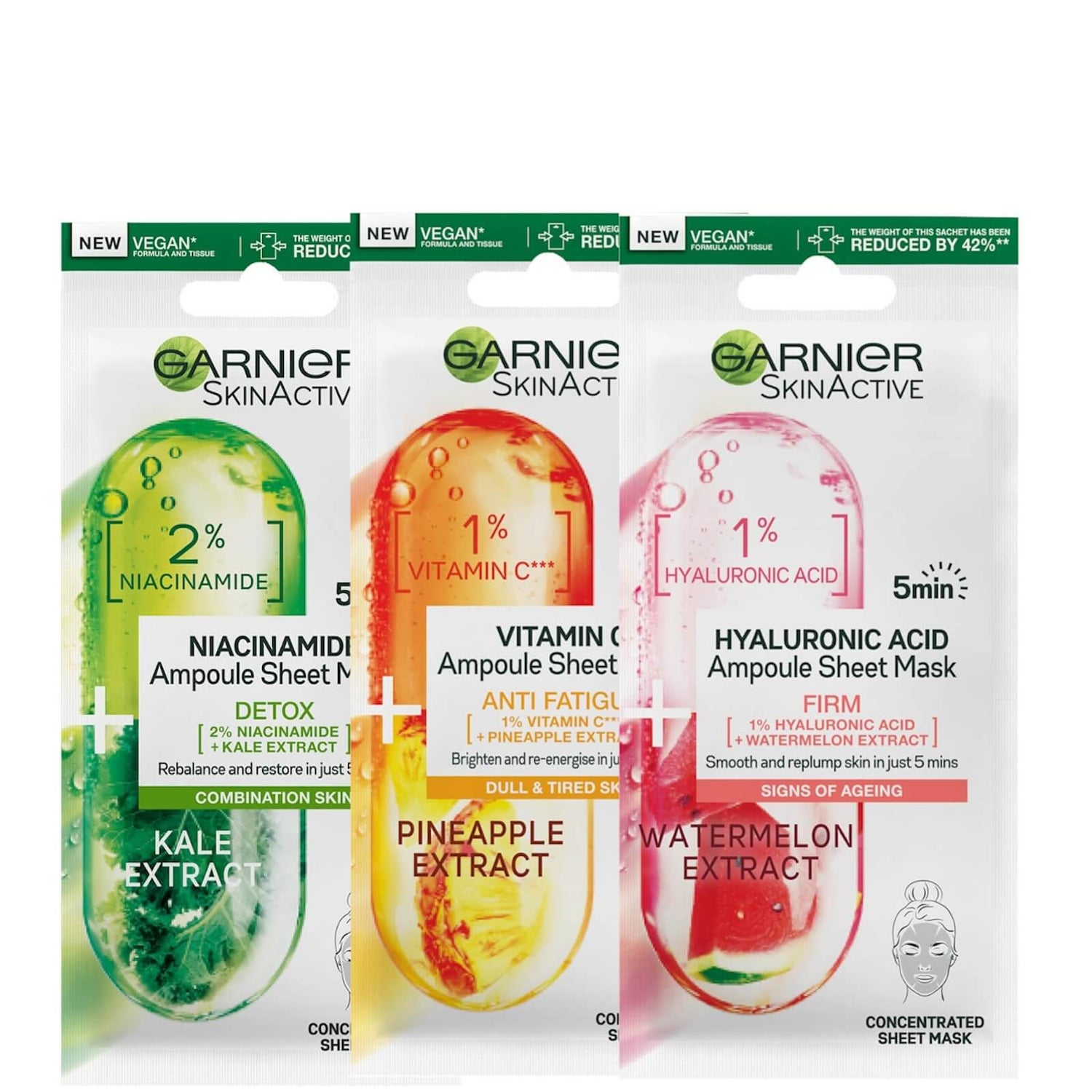 Garnier Ampoule Fast Action 5 Minute Sheet Mask Set (Pack of 3