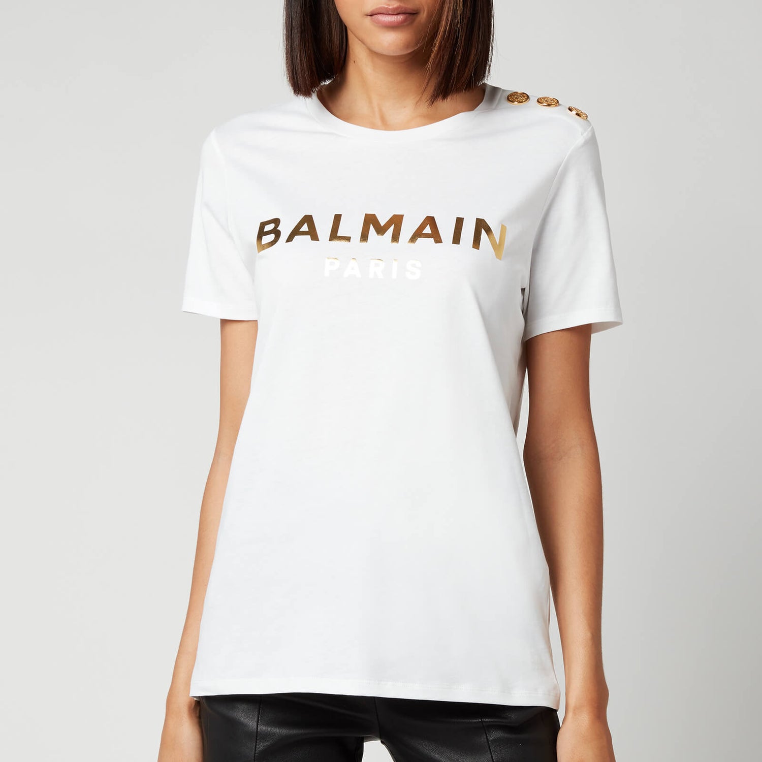 Balmain Women's Short Sleeve 3 Button Metallic Logo T-Shirt - Blanc/Or ...