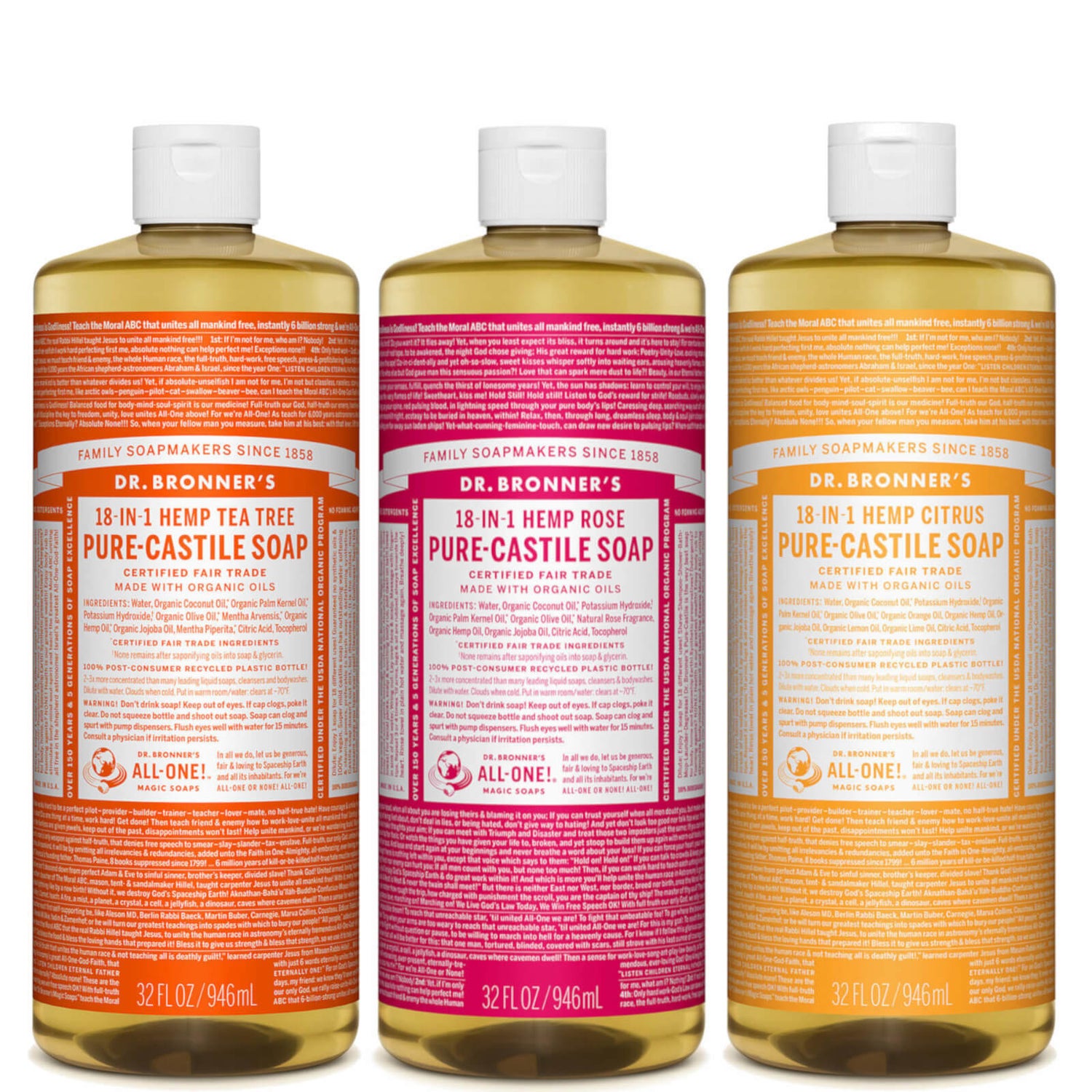 Dr. Bronner's Summer Scents PureCastile Liquid Soap Set Citrus, Tea Tree and Rose LOOKFANTASTIC