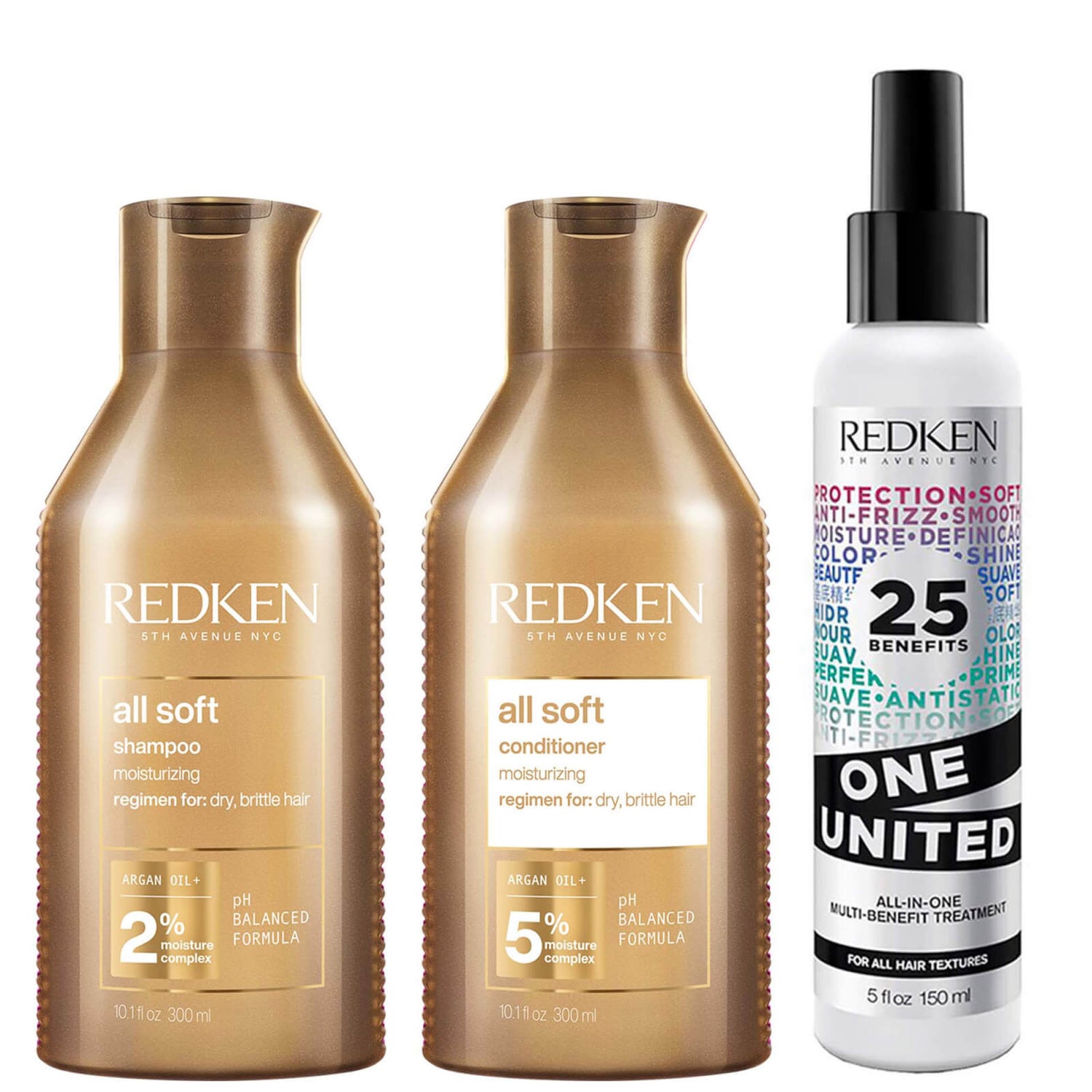 Redken All Soft Shampoo, Conditioner and One United MultiBenefit Treatment Spray Hydrating