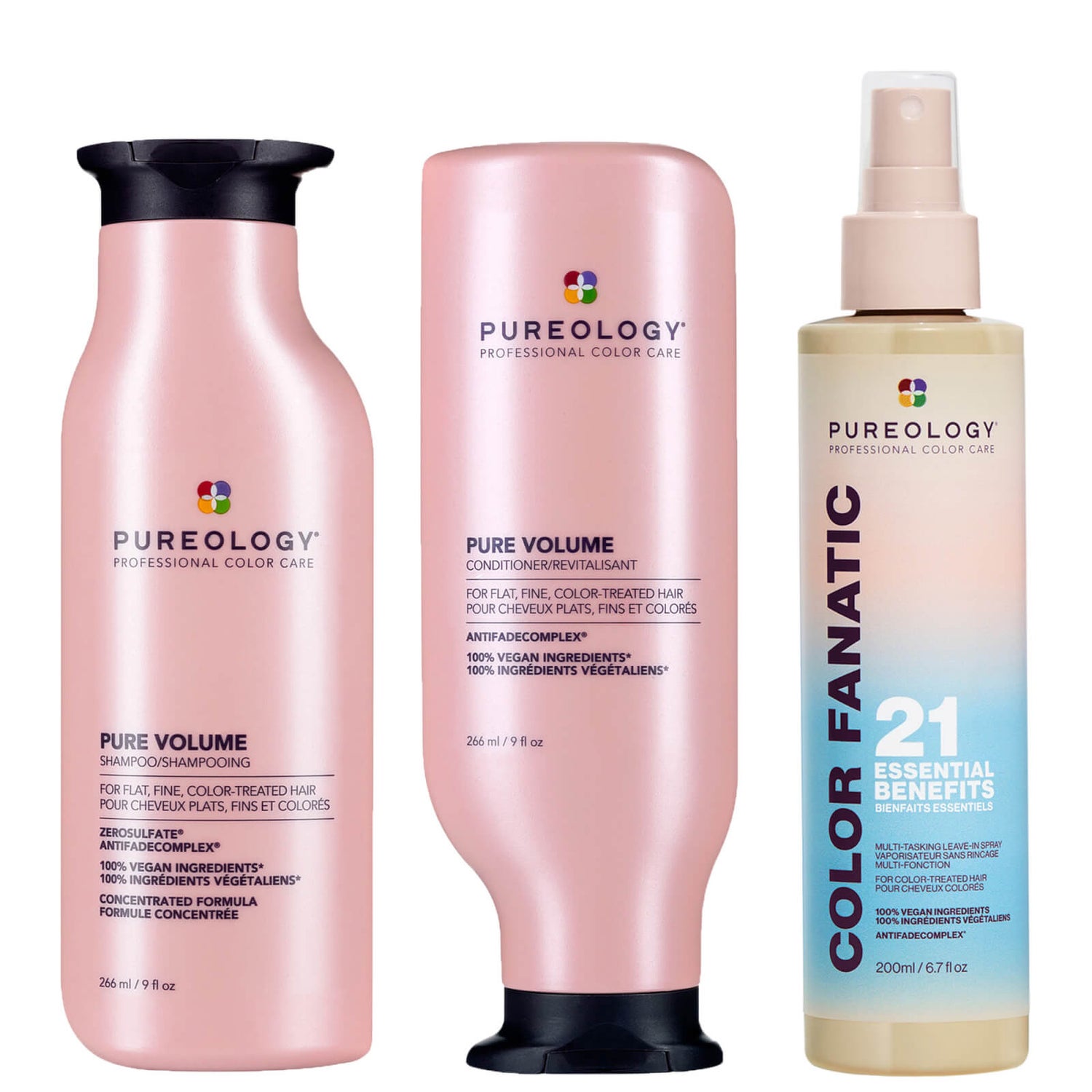 Pureology Pure Volume Shampoo, Conditioner and Color Fanatic Spray Routine for Flat and Fine
