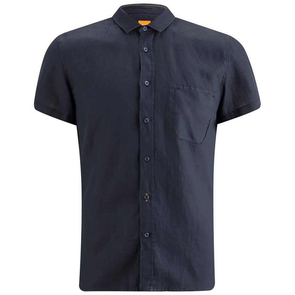 BOSS Orange Men's Ezippo Short Sleeve Linen Shirt - Navy