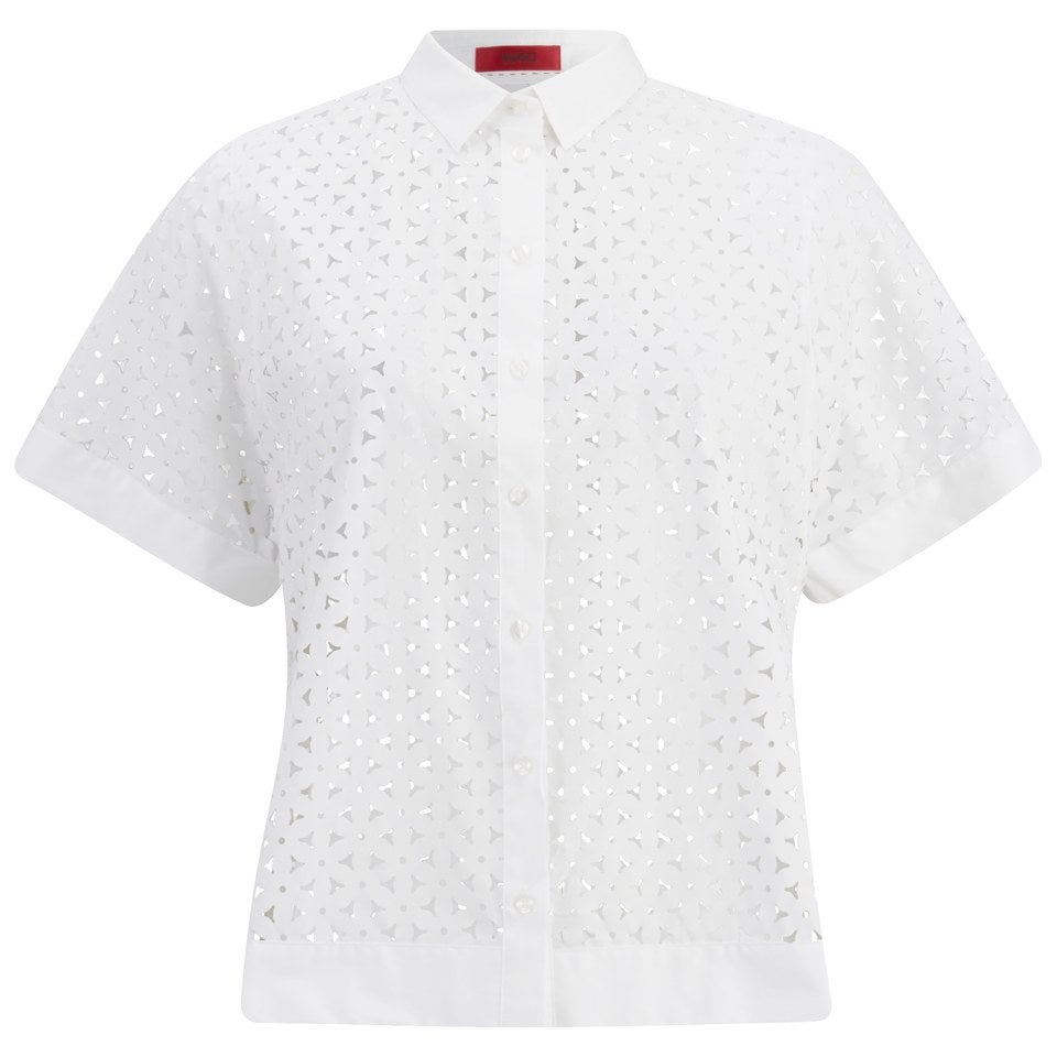 HUGO Women's Enomia Floral-Cut Shirt - White