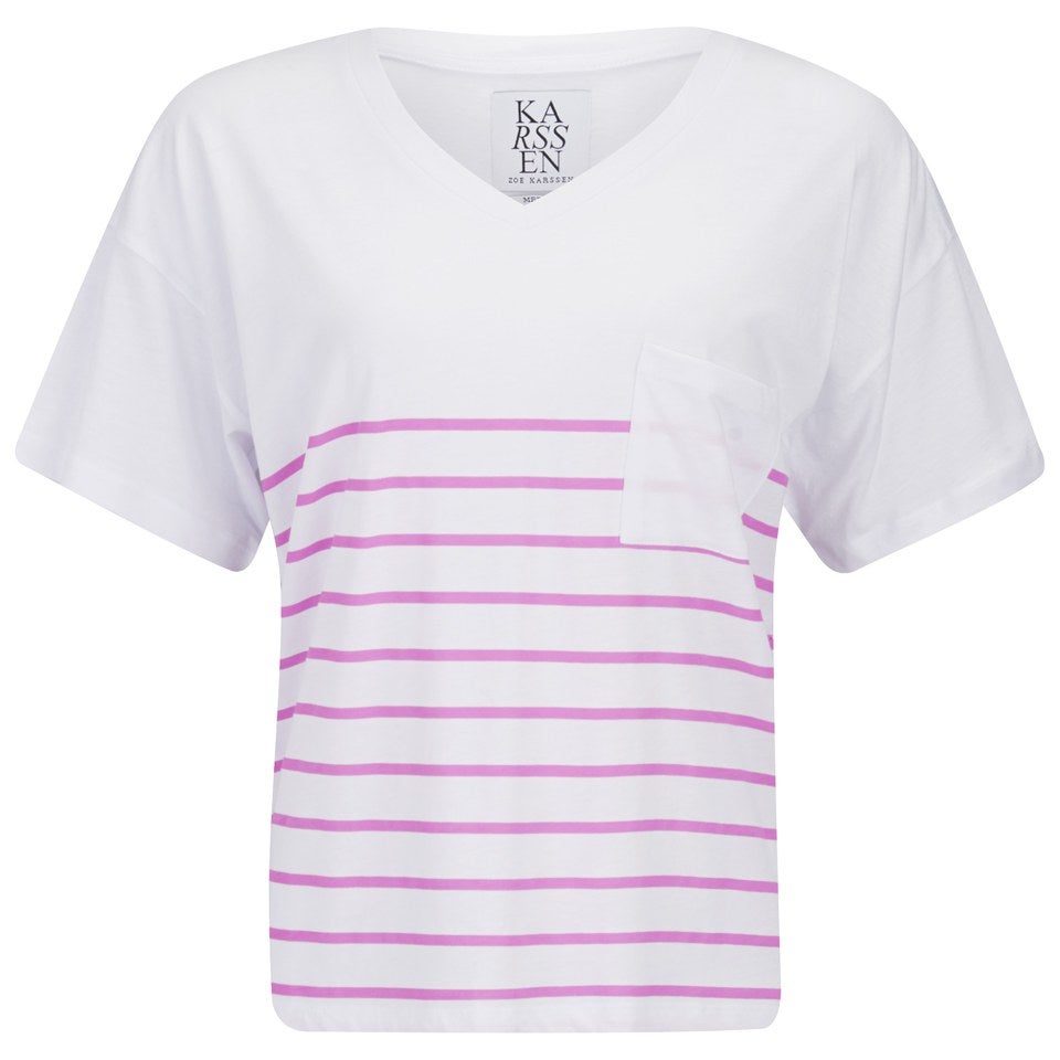 Zoe Karssen Women's V Neck Stripe T-Shirt - White/Pink