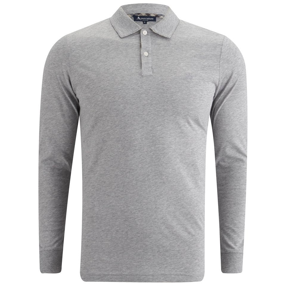 Aquascutum Men's Kendrick LS Jersey Polo Shirt with Under-Collar Check - Grey
