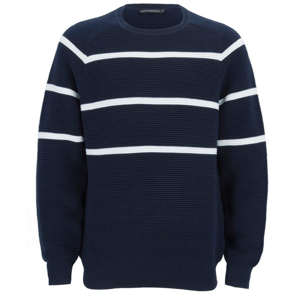 French Connection Men's Engineered Striped Ottoman Jumper - Navy