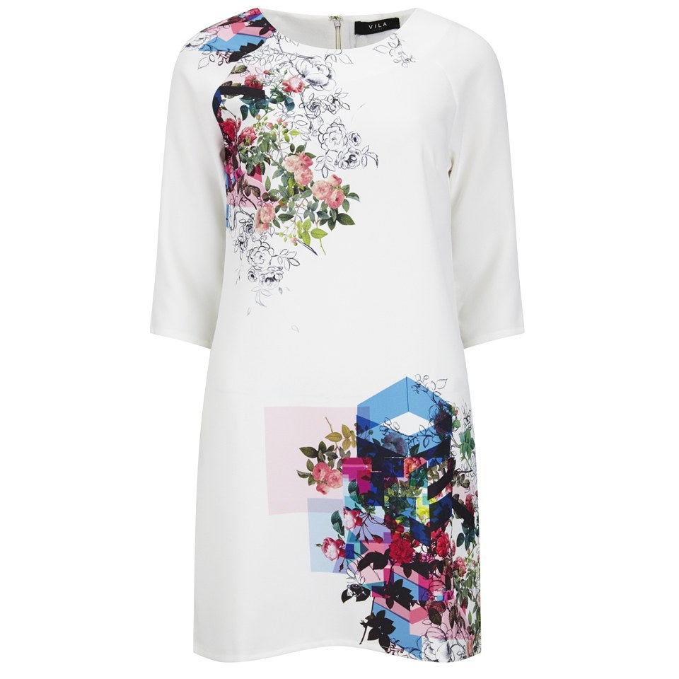 VILA Women's Digital Flower Shift Dress - Snow White