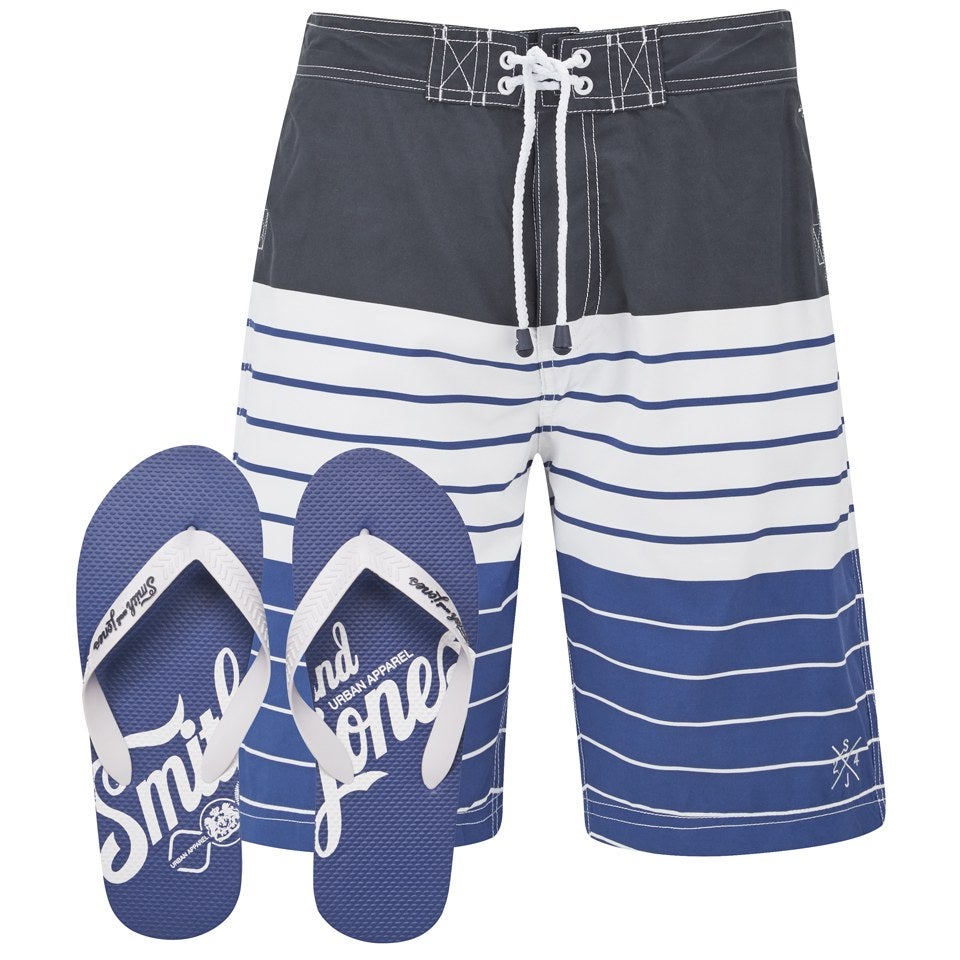 Smith & Jones Men's Shore Board Shorts with Free Flip Flops - Navy