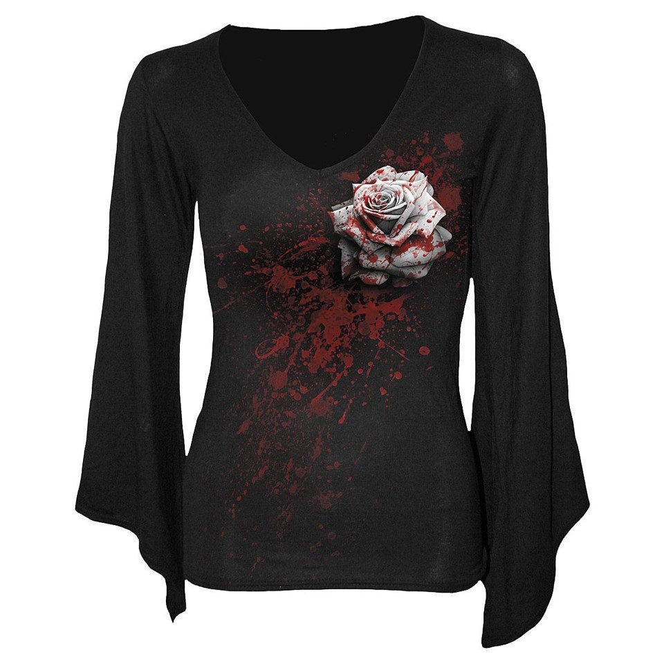 Spiral Women's WHITE ROSE V Neck Goth Sleeve Top - Black