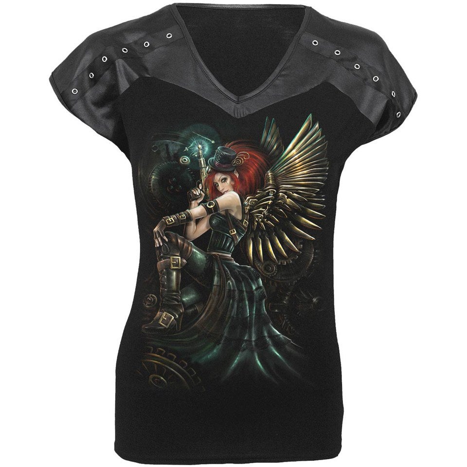 Spiral Women's STEAM PUNK FAIRY Leather Look Studed Top - Black