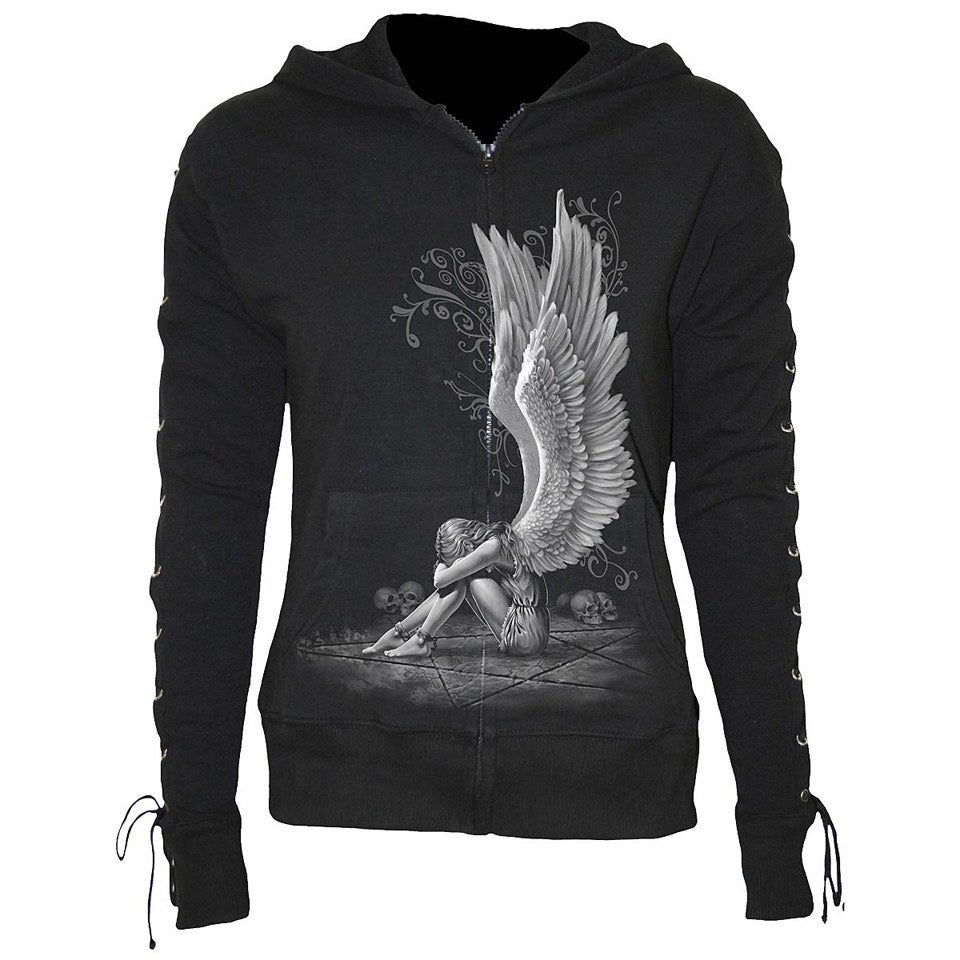 Spiral Women's ENSLAVED ANGEL Laceup Full Zip Glitter Hoody - Black