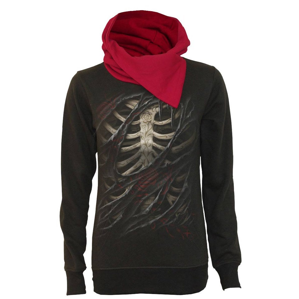 Spiral Women's ROSE TATTOO (BK PRINT) Shawl Neck Red Hood Kangaroo Top - Black
