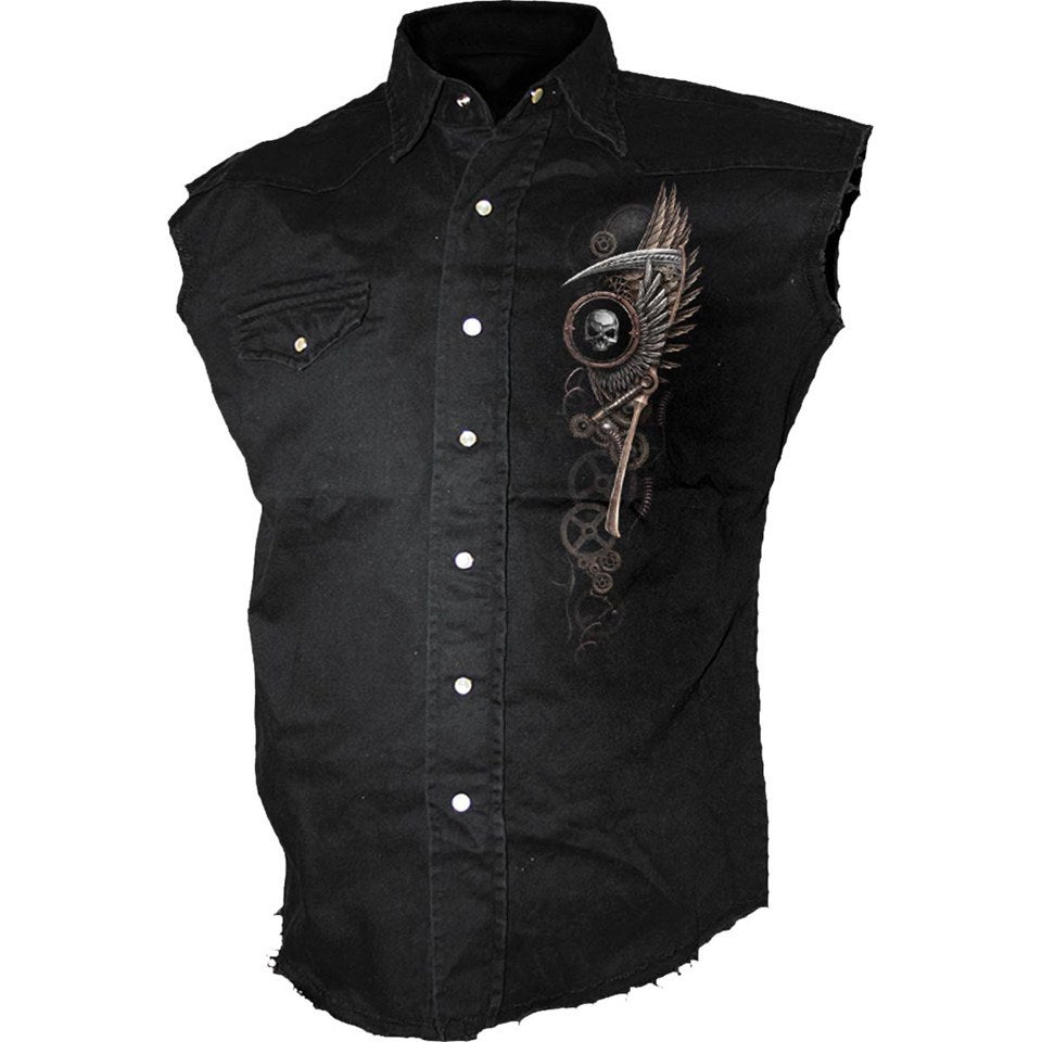 Spiral Men's STEAM PUNK RIDER Sleeveless Stone Washed Worker Shirt - Black