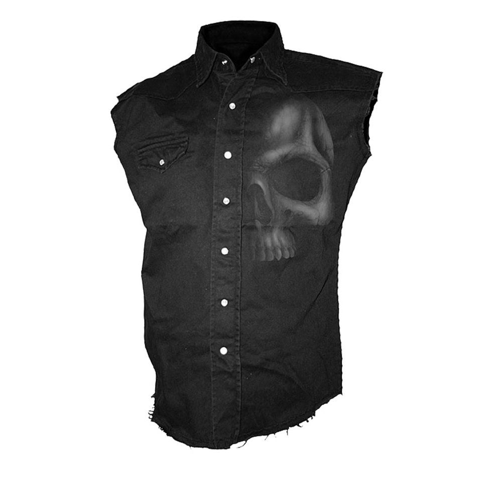 Spiral Men's SHADOW SKULL (GREY) Sleeveless Stone Washed Worker Shirt - Black