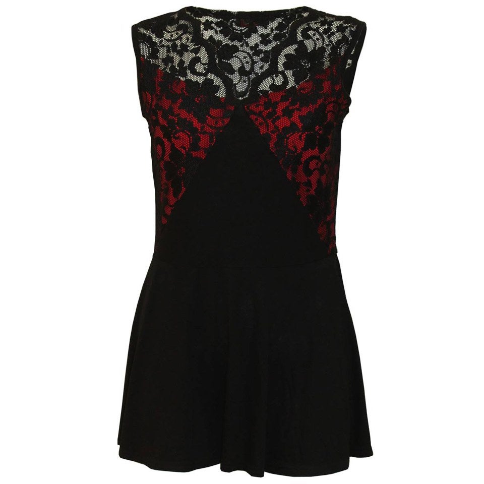 Spiral Women's GOTHIC ELEGANCE Sleeveless Lace Yoke with Red Inset Dress - Black