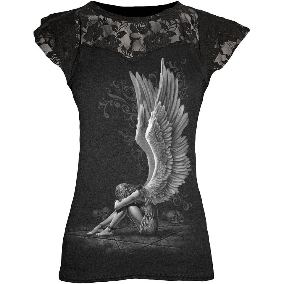 Spiral Women's ENSLAVED ANGEL Lace Layered Cap Sleeve Top - Black