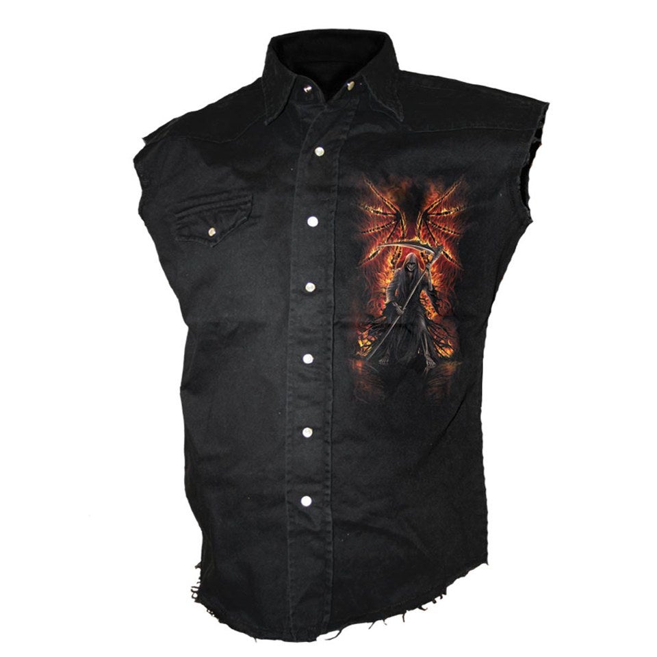 Spiral Men's FLAMING DEATH Sleeveless Stone Washed Worker Shirt - Black