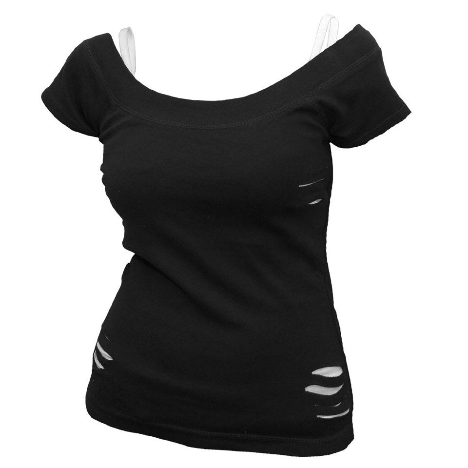 Spiral Women's URBAN FASHION 2 in 1 White Ripped Top - Black