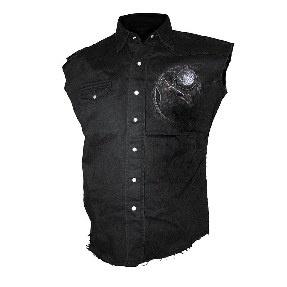 Spiral Men's WOLF DREAMS Sleeveless Stone Washed Worker Shirt - Black
