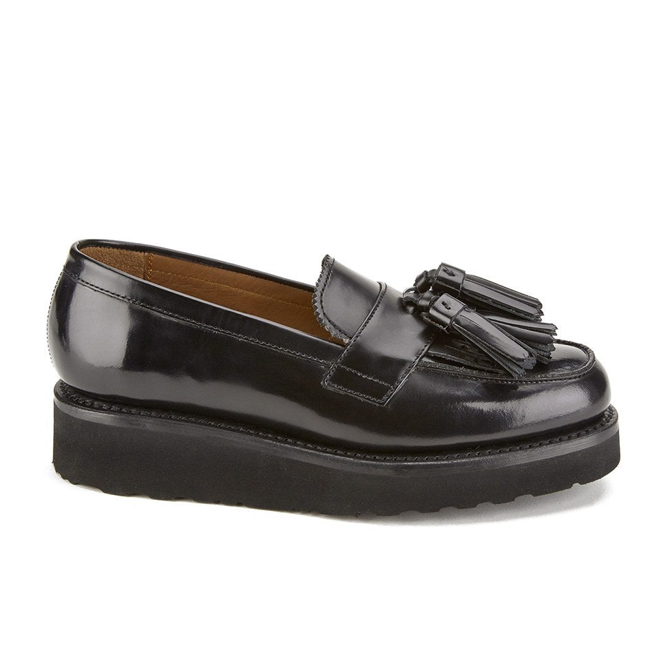 Grenson Women's Clara V Leather Tassle Loafers - Black Hi Shine