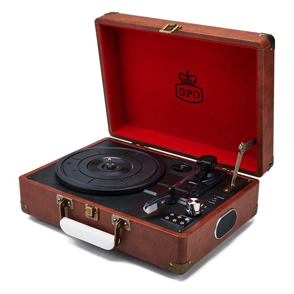GPO Retro Attache Briefcase Style Three-Speed Portable Vinyl Turntable with Free USB Stick and Built-In Speakers - Vintage Brown