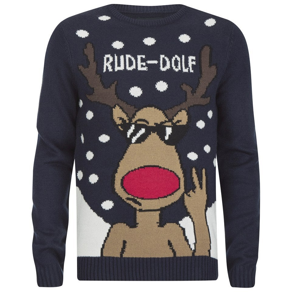 Men s Rude Dolf Christmas Jumper Navy Mens Clothing Zavvi UK