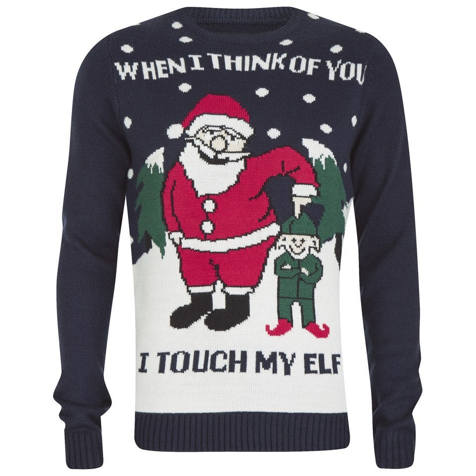 Men s Touch My Elf Christmas Jumper Navy Mens Clothing Zavvi UK