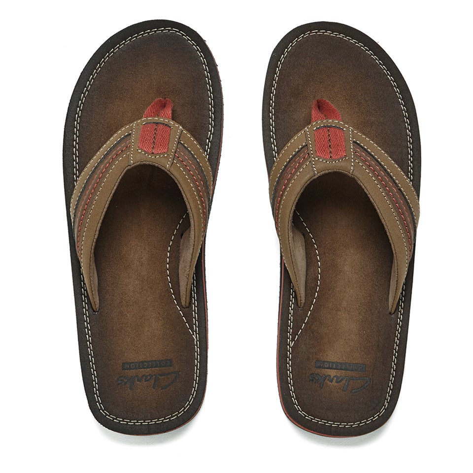 Mens Clarks Riverway Sun Brown Or Navy Synthetic Toe Post Flip Flop Sandals 
