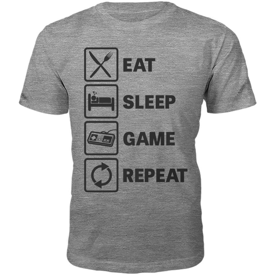 Eat Sleep Game Repeat Slogan T-Shirt - Grey