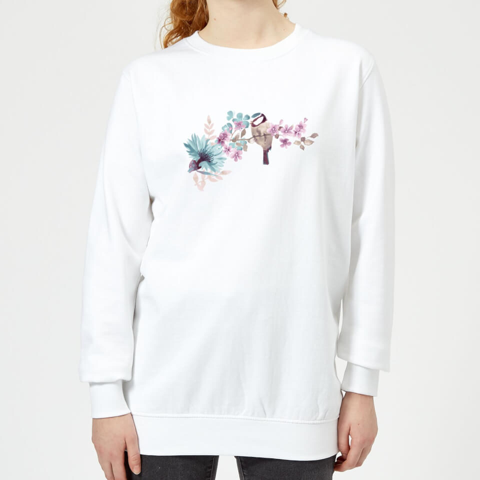 Blue Tit On Floral Branch Women's Sweatshirt - White