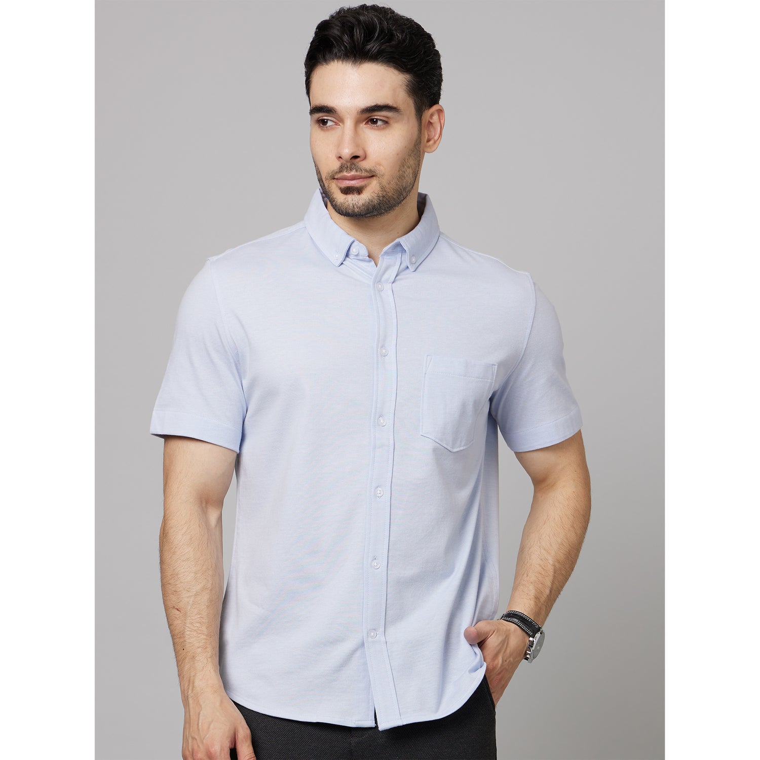 Light Blue Classic Spread Collar Cotton Casual Shirt (DAPIKIN) | Celio