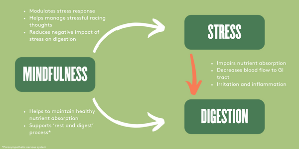 Diagram showing the relationship between mindfulness, stress and digestion. Stress negatively impacts digestion, and mindfulness reduces stress, so mindfulness also helps digestion.