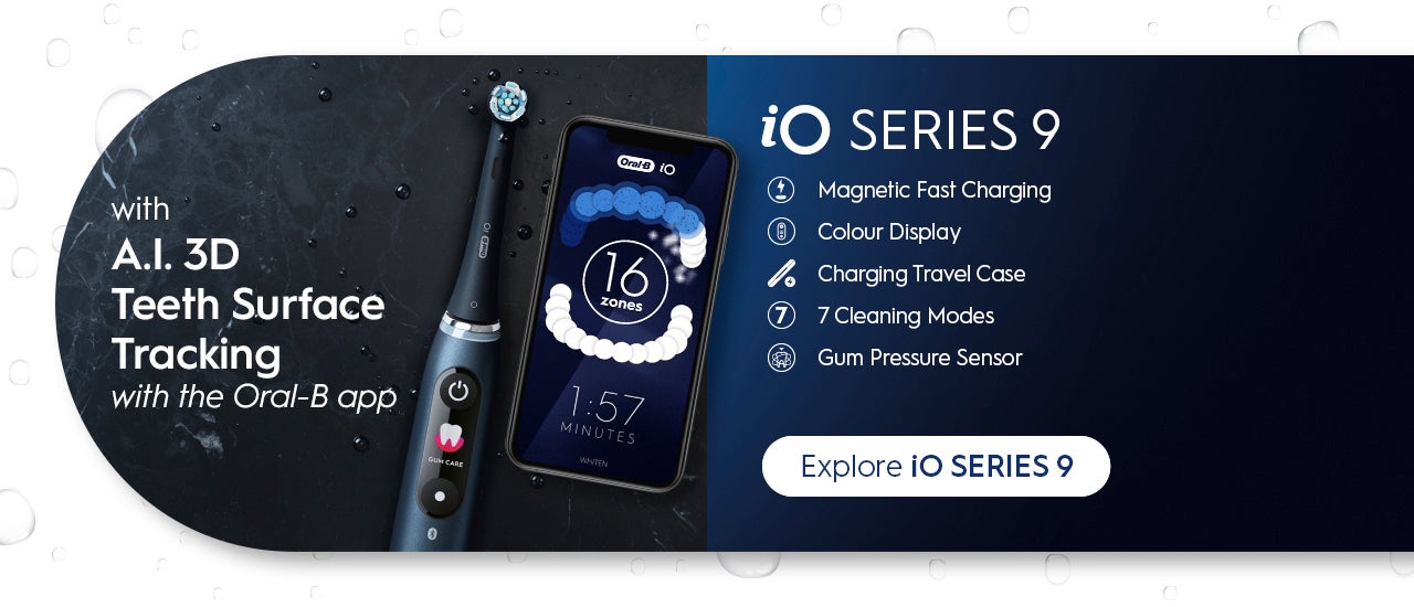 iO series 9 with A.I. 3D Teeth Surface Tracking with the Oral-B App. 1. Magnetic Fast Charging 2. Colour Display 3. Charging Travel Case 4. 7 Cleaning Modes 5. Gum Pressure Sensor - Explore iO Series 9