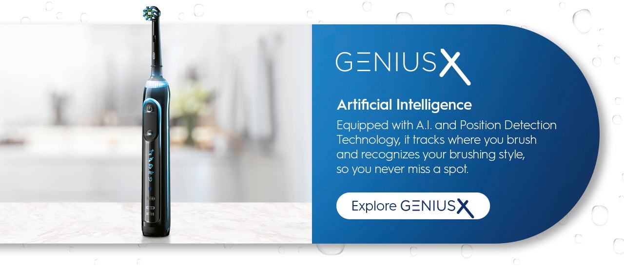 Genius X. Artificial Intelligence. Equipped with A.I. and Position Detection Technology, it tracks where you brush and recognises your brushing style, so you never miss a spot. Explore Genius X