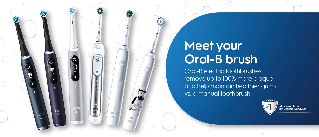 Meet your Oral-B Brush: Oral-B electric toothbrushes remove up to 100% more plaque and help maintain healthier gums vs. a manual toothbrush.