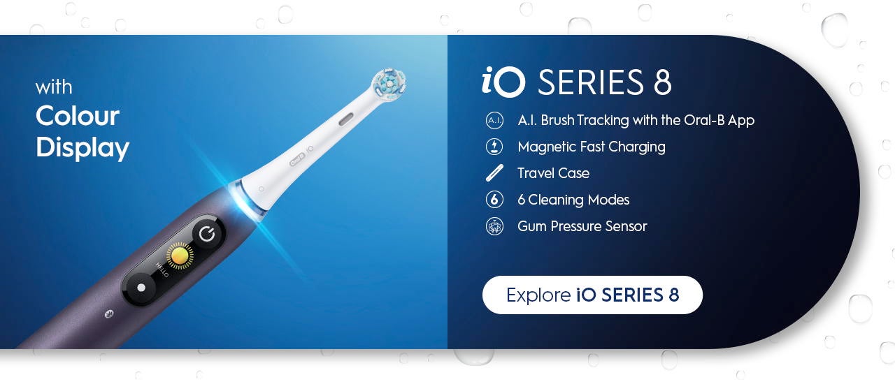 iO Series 8 with colour display. 1. A.I. Brush tracking with the Oral-B App 2. Magnetic Fast Charging 3. Travel Case 4. 6 Cleaning Modes 5. Gum Pressure Sensor - Explore iO series 8