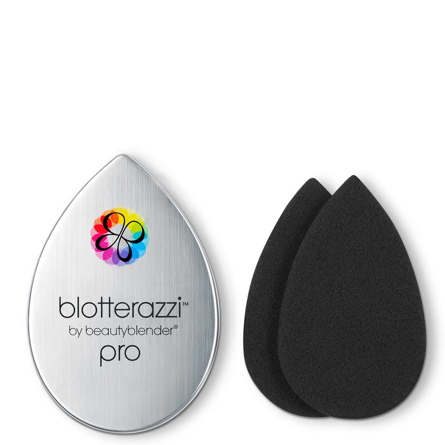 A teardrop-shaped silver container on the left. On the cover, it says: blotterazzi™ by Beautyblender pro. On the right are two teardrop-shaped black beauty blenders
