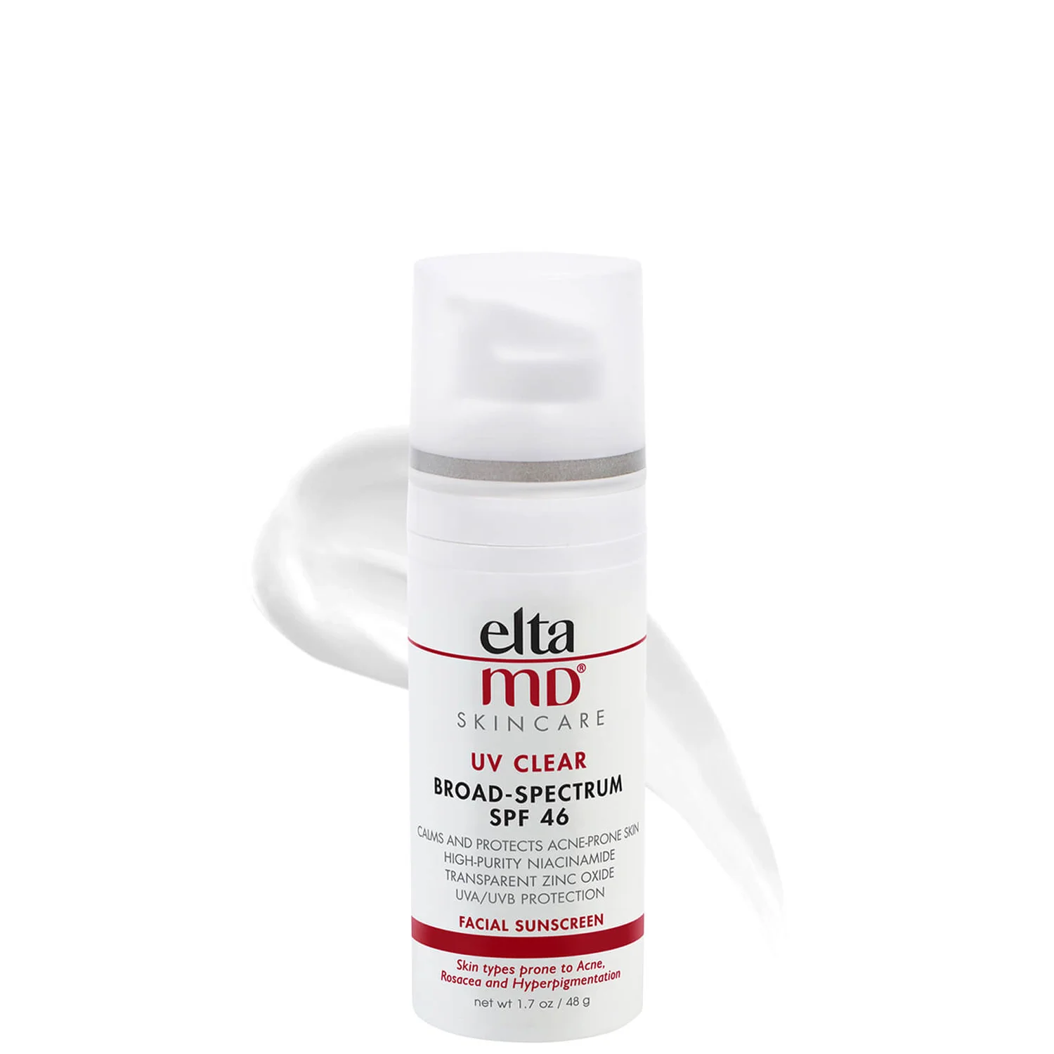 A white and red 48-g pump bottle of the EltaMD UV Clear SPF 46 Face Sunscreen. On the bottle, it says: elta MD, SKINCARE, UV CLEAR, BROAD-SPECTRUM SPF 46, CALMS AND PROTECTS ACNE-PRONE SKIN, HIGH-PURITY NIACINAMIDE, TRANSPARENT ZINC OXIDE, UVA/UVB PROTECTION, FACIAL SUNSCREEN, Skin types prone to Acne, Rosacea and Hyperpigmentation

