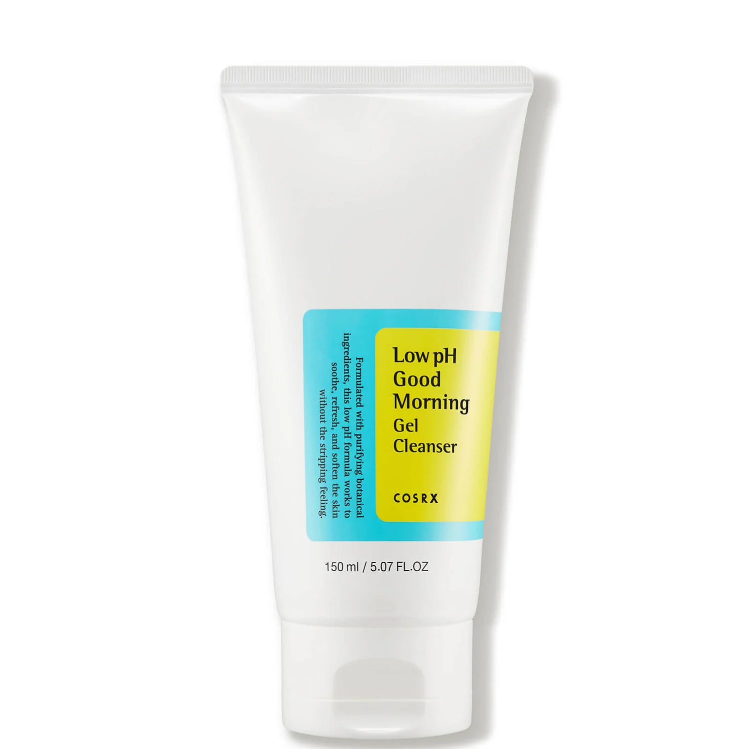 A white, blue, and yellow 150-ml tube of the COSRX Low pH Good Morning Gel Cleanser. On the tube, it says: Low pH Good Morning Gel Cleanser COSRX, Formulated with purifying botanical ingredients, this low pH formula works to soothe, refresh, and soften the skin without the stripping feeling.

