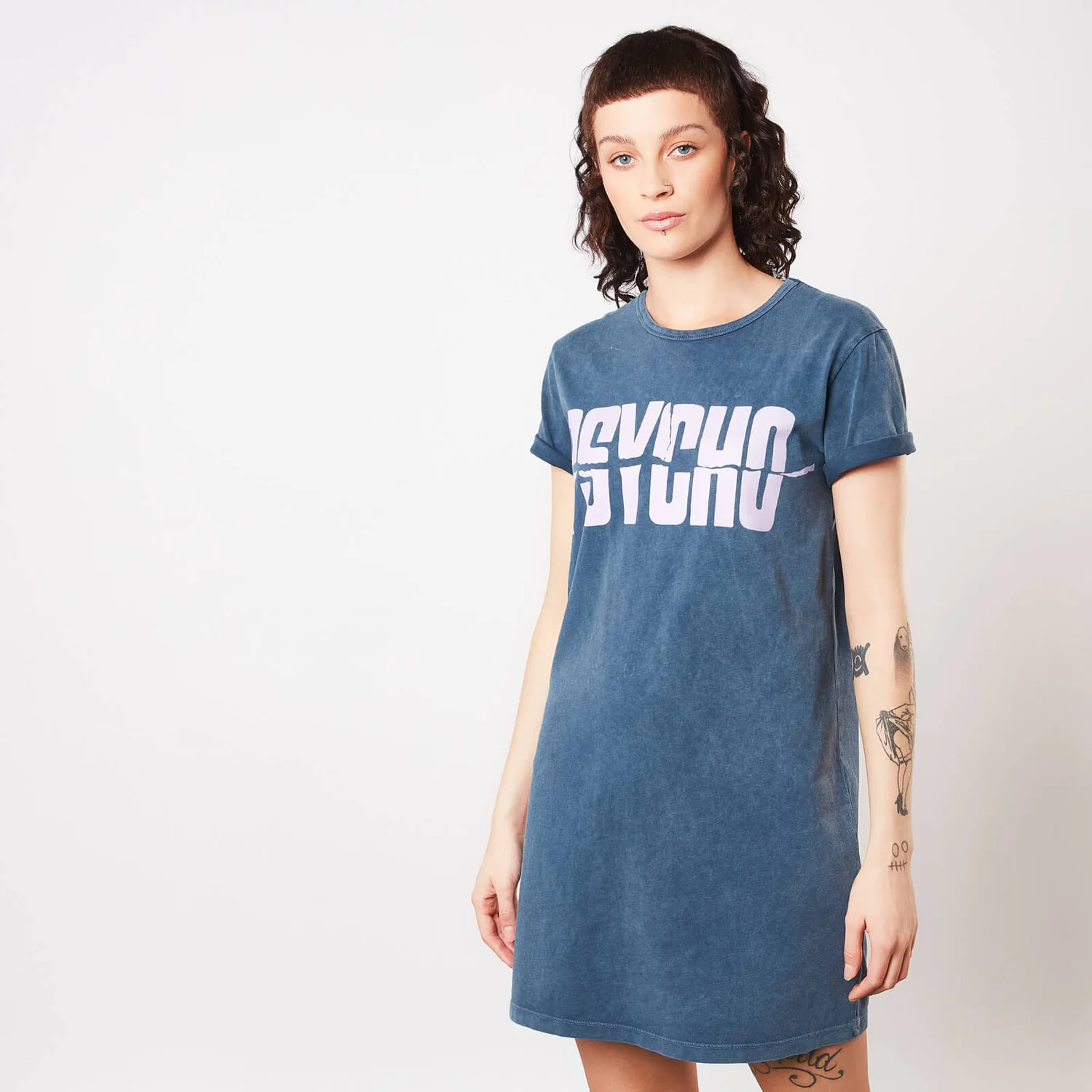 Psycho Logo Embroidered Women's T-Shirt Dress - Navy Acid Wash